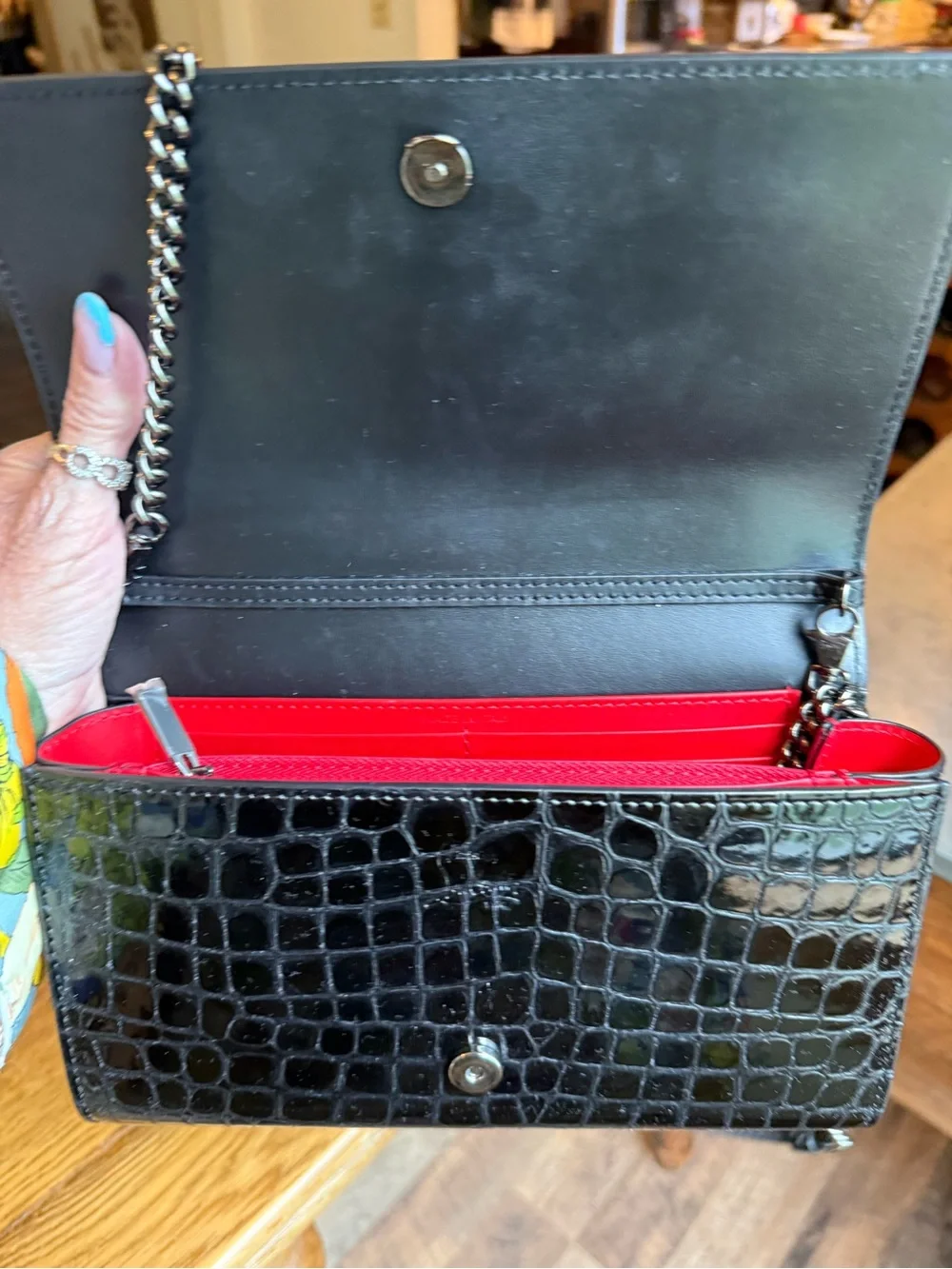 Christian Louboutin Black Patent Croc-Embossed Studded Wallet on chain 3 way bag